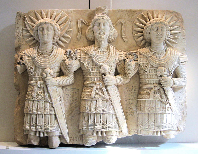 Palmyrene deities: from left to right: the lunar god Aglibôl, the supreme god Beelshamên, the sun god Malakbêl, 1st century CE, found near Bir Wereb, Wadi Miyah, Syria, Louvre Museum. license: GNU/FDL, wikimedia