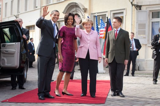 Angela Merkel with the Obamas, pd usgov