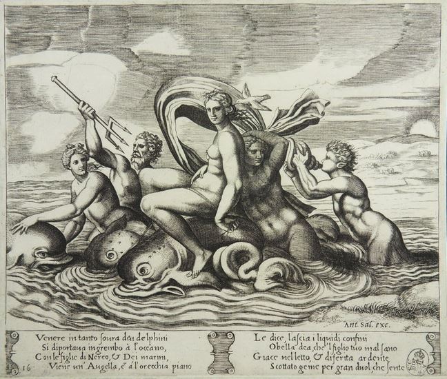 Aphrodite carried by the dolphins - copper engraving by "master with a die" 1545, Dresden, Germany
