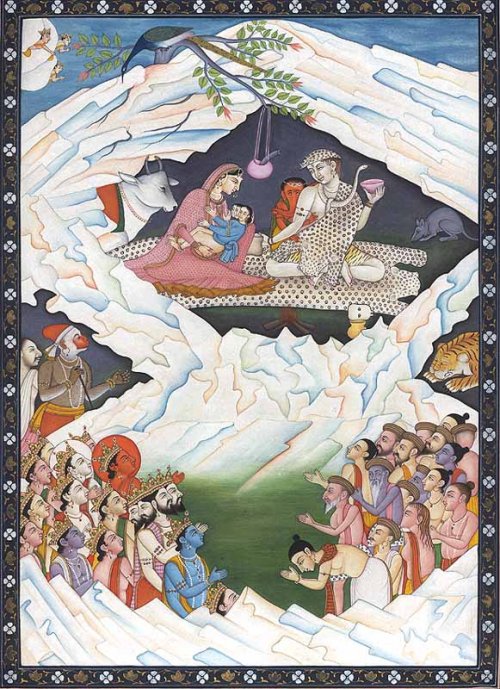  An illustration of the Hindu significance of Mount Kailash, depicting the holy family of Shiva, consisting of Shiva, Parvati, Ganesha and Kartikeya (Muruga) 