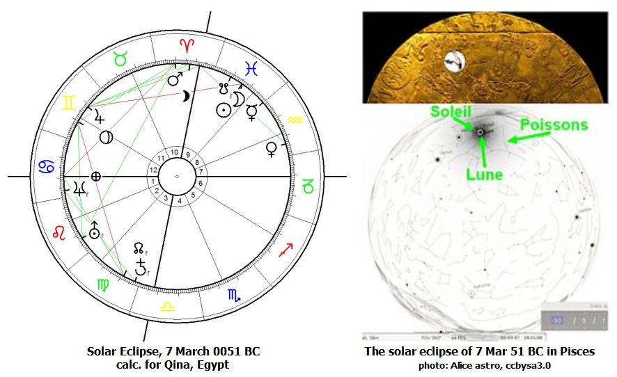 Astrological Chart for "Dendera Solar Eclipse" of 7 March 51 calculated for Qina, Egypt.