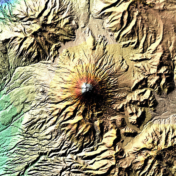 Cotopaxi Volcano in Ecuador. The volcano has an inner crater inside the outer crater. Colors show elevations. Nasa Image