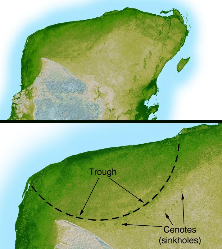 his shaded relief image of Mexico's Yucatan Peninsula show a subtle, but unmistakable, indication of the Chicxulub impact crater. Most scientists now agree that this impact was the cause of the Cretatious-Tertiary Extinction, the event 65 million years ago that marked the sudden extinction of the dinosaurs as well as the majority of life then on Earth.