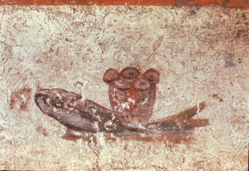 Eucharistisches Brot und Fisch in den Catacombe di San Callisto in Rom 