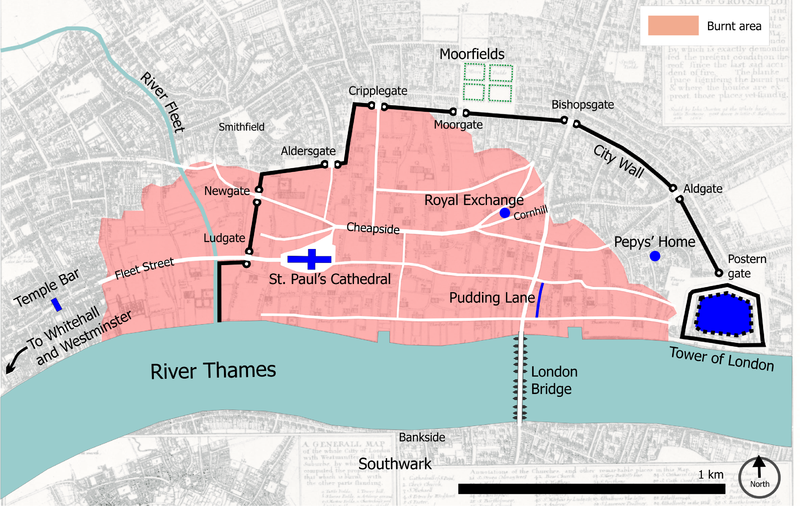 Central London in 1666, with the burnt area shown in pink. photo: Bunchofgrapes, GNU/FDL 