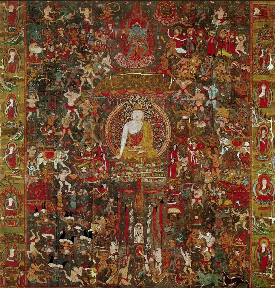 Gautama Buddha (Löwe) umgeben von den Dämonen des mentalen Körpers (Skorpion/Schütze) die ihn daran hindern wollen in seiner Meditation zur Erleuchtung zu kommen. 